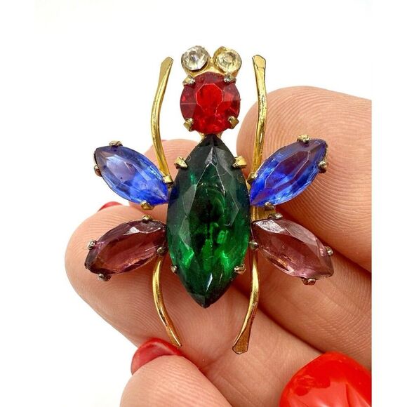 Vintage CORO Pegasus STERLING 925 Vermeil Rhinestone Cabochon Bug Insect Brooch - Picture 2 of 4